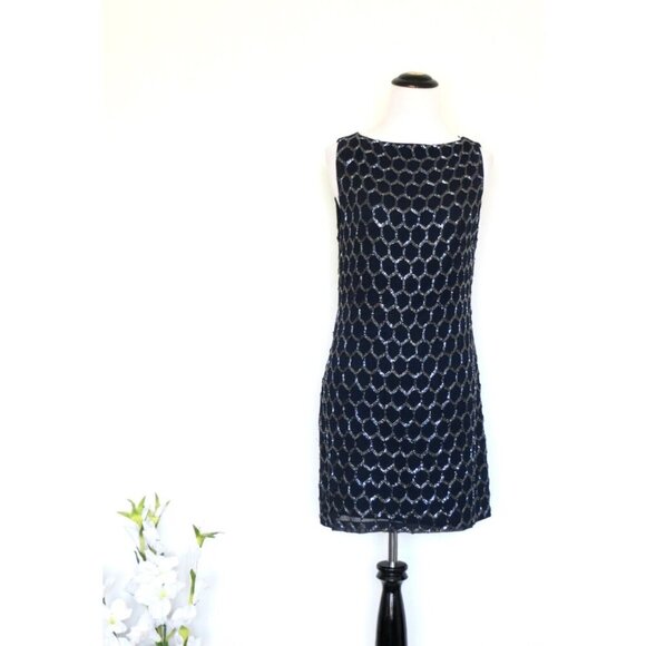 Alice & Olivia Beaded 100% Silk Cocktail Dress Navy Blue SZ 6 - Picture 5 of 11